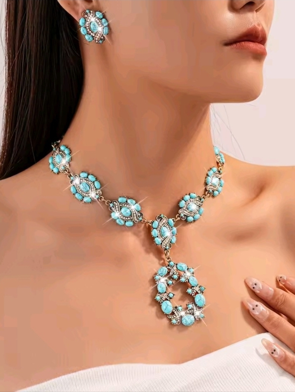 Turquoise Gold-Tone Statement Necklace - Elegant Women's Jewelry
